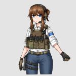  1girl :/ absurdres aspen_(de1drag0n) belt black_gloves blue_eyes blue_pants borrowed_character breasts brown_belt brown_gloves brown_hair buckle camouflage ceramic_plate collared_shirt commentary cropped_legs denim gloves grey_background gun hair_bun handgun headset highres holster jeans load_bearing_vest magazine_(weapon) military_operator original pants shirt shirt_tucked_in short_hair_with_long_locks sidelocks simple_background single_hair_bun sleeves_rolled_up snap-fit_buckle solo thigh_holster tsurime walkie-talkie weapon white_shirt 