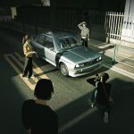  1girl 3boys bag black_hair black_jacket black_pants black_shirt blue_pants bmw bmw_3_series bmw_e30 brown_hair brown_jacket camera car collared_shirt commentary day english_commentary faiz_azhar fence forza forza_horizon_6 game_screenshot_background grey_car highres holding holding_camera jacket long_sleeves medium_hair motor_vehicle multiple_boys outdoors pants ponytail road screenshot_background shade shirt shoes short_hair shoulder_bag sidelocks white_shirt white_shoes 