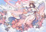  1girl absurdres bird blue_eyes breasts brown_hair cleavage cloud commentary commission dress feathered_wings flower full_body hair_between_eyes halo hand_on_own_chest hand_up highres im_honeybread large_breasts layered_sleeves long_hair long_sleeves nail_polish orange_nails original parted_lips pink_flower pink_rose planet rose short_over_long_sleeves short_sleeves sleeves_past_wrists solo standing white_dress white_wings wings 