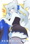  1girl animal_ears ass bare_arms bare_shoulders black_dress blue_eyes blue_hair blush commentary commission crossed_bangs dress english_commentary furry furry_female grey_thighhighs hair_ornament hairclip highres long_hair looking_at_viewer looking_back mo_(k40633) open_mouth original simple_background snout solo tail thighhighs thighs yellow_background 