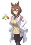  1girl absurdres agnes_tachyon_(tach-nology)_(umamusume) agnes_tachyon_(umamusume) ahoge animal_ears black_pantyhose blush breasts brown_hair closed_mouth commentary cortisol_level_(meme) earrings hair_between_eyes highres horse_ears horse_girl jewelry lab_coat large_breasts long_sleeves looking_at_viewer medium_hair meme necktie pantyhose red_eyes shirt short_hair short_necktie single_earring sleeves_past_fingers sleeves_past_wrists smile solo sweater sweater_vest tastelikenyan umamusume wolf_cut yellow_sweater yellow_sweater_vest 