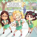  4girls :3 anger_vein badge blonde_hair brown_hair child closed_eyes commentary crossed_arms crying_emoji emoji english_text frown girl_scout glasses green_eyes holding holding_phone long_hair looking_at_viewer mature_female medium_hair meme mesugaki mother_and_child mother_and_daughter multiple_girls original outdoors parent_and_child phone pov profile purple_eyes raised_inner_eyebrows round_eyewear rtil scout_movement semi-rimless_eyewear short_hair smile smoking smug speech_bubble suburb teeth thick_eyebrows uohhhhhhhhh!_(meme) upper_teeth_only 