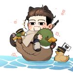  3boys animal_ears animal_feet animal_hands arisaka bird black_eyes black_hair blue_jacket blue_pants blush_stickers bolt_action brown_cloak cat_ears cat_tail cloak closed_mouth commentary_request duck facial_hair fang flower full_body goatee_stubble golden_kamuy gun hair_slicked_back hat highres jacket kepi loose_hair_strand ma9l4raa male_focus military_hat military_uniform multiple_boys ogata_hyakunosuke pants peaked_cap pink_flower riding riding_animal rifle scar scar_on_cheek scar_on_face scarf short_hair simple_background sitting solid_eyes stubble sugimoto_saichi tail tsukishima_hajime water weapon white_background yellow_scarf 