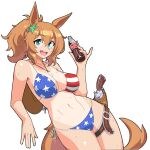  1girl american_flag american_flag_bikini american_flag_print animal_ears aqua_eyes bikini bottle breasts brown_hair brown_hat commentary english_commentary flag_print flag_print_bikini gun hair_ornament hat hat_on_back high_ponytail highres holding holding_bottle horse_ears horse_girl horse_tail looking_at_viewer medium_breasts multicolored_bikini open_mouth ponytail print_bikini simple_background solo star_(symbol) star_hair_ornament sweat swimsuit taiki_shuttle_(umamusume) tail teeth thigh_strap umamusume vee_(427deer) weapon wet white_background 
