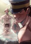  3boys absurdres bara black_hair black_hat blush commentary_request facial_hair golden_kamuy hair_slicked_back hat highres kepi long_sideburns looking_at_viewer male_focus mature_male military_hat multiple_boys ogata_hyakunosuke onsen open_mouth outdoors parted_lips peaked_cap scar scar_on_cheek scar_on_face scar_on_mouth scar_on_nose shaved_head shiraishi_yoshitake short_hair sideburns smile solid_eyes star_(symbol) stubble sugimoto_saichi sweatdrop teeth tobo_katsuo very_short_hair yellow_eyes 