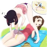  2girls :o ass barefoot bent_over brown_eyes brown_hair brushing clothes_lift combee commentary_request cutiefly dress dress_lift gloria_(pokemon) highres holding holding_brush honey honeypot joltik karrablast looking_back lying marnie_(pokemon) microsd_(pibo) multiple_girls musical_note no_pants on_stomach open_mouth panties pink_dress pink_panties pink_shirt pokemon pokemon_(creature) pokemon_(game) pokemon_swsh purple_panties shirt short_hair speech_bubble spoken_character spoken_musical_note twintails underwear 
