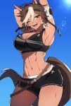 1girl :d ;d abs ahoge animal_ears arm_behind_head arm_wrap armpits arms_up bare_shoulders black_shorts black_sports_bra blue_sky blush breasts brown_eyes brown_gloves brown_hair carrot_print cleavage collarbone commentary commission contrapposto dark-skinned_female dark_skin english_commentary food_print gloves hair_between_eyes highres horse_ears horse_girl horse_tail indie_virtual_youtuber large_breasts looking_at_viewer midriff multicolored_hair muscular muscular_arms muscular_female navel one_eye_closed open_mouth sabamori second-party_source short_hair short_shorts shorts skeb_commission sky smile solo sports_bra standing star_(symbol) star_in_eye stomach sunlight symbol_in_eye tail teeth thighs tomoe_umari virtual_youtuber white_hair 