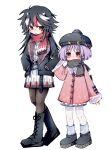  2girls alternate_costume alternate_hairstyle arrow_print beanie belt black_belt black_boots black_hair black_hat black_jacket black_pantyhose black_scarf blush boots coat commentary_request fang full_body fur-trimmed_coat fur-trimmed_jacket fur_trim hand_on_another's_arm hands_in_pockets hat height_difference highres horns jacket kijin_seija kiwi_(x_x915) long_hair long_sleeves looking_at_another multicolored_hair multiple_belts multiple_girls open_mouth pantyhose pink_coat pleated_skirt pom_pom_(clothes) pom_pom_beanie print_scarf print_skirt purple_hair red_eyes red_scarf red_streaks scarf shirt short_hair simple_background skirt small_horns smile streaked_hair sukuna_shinmyoumaru touhou white_background white_horns white_pantyhose white_shirt white_skirt white_streaks 