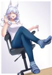  1girl animal_ear_fluff bangs black_nails blue_pants blue_socks breasts chair cleavage closed_eyes collarbone crossed_legs denim dutch_angle earrings efreezerarts english_commentary facial_mark fangs feet full_body grey_background hands_up highres holding jeans jewelry large_breasts legs light_purple_hair long_hair mixed-language_commentary nail_polish nijisanji nijisanji_en nina_kosaka no_shoes open_mouth pants shiny shiny_hair shirt short_eyebrows sidelocks sitting socks soles solo tank_top toes virtual_youtuber white_shirt wooden_floor 