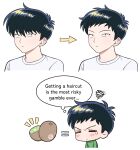 1boy alternate_hairstyle arrow_(symbol) before_and_after black_hair blush closed_mouth commentary english_text food fruit ganbare!_nakamura-kun!! green_sweater highres kiwi_(fruit) male_focus multiple_views nakamura_okuto rabbit_whatever shirt short_hair sideburns simple_background speech_bubble sweater thought_bubble untranslatable_commentary white_background white_shirt 