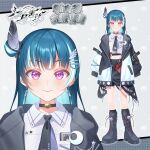  1girl bike_shorts black_boots blue_hair blush boots character_name choker commentary_request earrings english_text feathers hair_ornament highres hood hoodie jacket jewelry logo long_sleeves love_live! love_live!_sunshine!! midriff multicolored_hair necktie official_art oversized_clothes pentagram pink_eyes purple_eyes shorts simple_background smile star_(symbol) stomach tsushima_yoshiko white_hair wings 