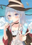  1girl absurdres beach bikini bikini_under_clothes black_choker black_hat black_robe blush breasts choker cleavage collarbone commentary_request day elaina_(majo_no_tabitabi) food gold_trim grey_hair hair_between_eyes hat highres holding holding_food holding_popsicle k2_(kazu1030) long_hair looking_at_viewer majo_no_tabitabi medium_breasts ocean open_mouth outdoors popsicle purple_eyes robe shirt smile solo summer swimsuit white_bikini white_shirt witch witch_hat 