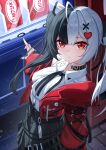  1girl absurdres ahoge black_choker black_hair black_skirt choker closed_mouth collared_shirt commentary_request dai_mao_xuan_yi hair_ornament heart heart_hair_ornament highres jacket lacrimosa_(nte) long_hair looking_at_viewer multicolored_hair neverness_to_everness pointing red_eyes red_jacket red_streaks shirt skirt solo split-color_hair streaked_hair twintails two-tone_hair vending_machine white_hair white_shirt x_hair_ornament 