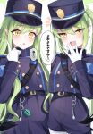  2girls :d :o \||/ absurdres armband black_hat black_jacket black_shorts black_skirt blue_archive blue_armband blush buttons commentary_request cowboy_shot demon_girl demon_tail double-breasted earrings eyelashes eyes_visible_through_hair fang gloves green_hair green_halo hair_between_eyes halo hand_up hat heart highres hikari_(blue_archive) index_finger_raised jacket jewelry long_hair long_sleeves looking_at_viewer mesugaki multiple_girls notice_lines nozomi_(blue_archive) oiru_(613) open_mouth peaked_cap pleated_skirt pointy_ears shorts siblings side-by-side sidelocks simple_background sisters skin_fang skirt smile smug speech_bubble tail translation_request tsurime twins twintails very_long_hair wavy_hair white_background white_gloves yellow_eyes 