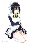  1girl apron arm_under_breasts avaag21248 back_bow black_dress black_hair blush bow bowtie breasts bun_cover cafe_stella_to_shinigami_no_chou closed_mouth clothes_lift commentary dress dress_lift frilled_apron frilled_dress frills frown full_body hair_between_eyes hair_bun hair_ribbon highres large_breasts lifting_own_clothes long_sleeves looking_at_viewer maid maid_apron medium_hair mole mole_under_eye panties pink_panties ribbon seiza shiki_natsume short_dress side_up_bun sidelocks simple_background sitting solo striped_bow striped_bowtie striped_clothes thighs underwear white_apron white_background white_bow white_ribbon yellow_bow yellow_bowtie yellow_eyes 