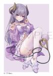  1girl ass babydoll border breasts collarbone commentary_request full_body garter_straps grey_background grey_hair grey_sandals hair_between_eyes hands_up holding horns jacket long_hair long_sleeves medium_breasts nanashi_inc. ne-on official_art open_clothes open_jacket puffy_long_sleeves puffy_sleeves purple_eyes purple_jacket saionji_mary saionji_mary_(7th_costume) sample_watermark sandals skirt sleeves_past_wrists solo tail tail_around_own_leg tail_wrap thighhighs very_long_hair watermark white_border white_skirt white_thighhighs 