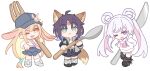  3girls :< absurdres ahoge animal_ears blonde_hair blue_hair blue_shorts blue_skirt brown_eyes brown_hair chibi chibi_only chinese_commentary cho_kaguya-hime! colored_inner_hair commentary_request fang fox_ears fox_girl fox_tail green_eyes grey_jacket grey_leg_warmers hair_rings haiyuan182 highres hood hoodie jacket kaguya_(cho_kaguya-hime!) leg_warmers long_hair multicolored_hair multiple_girls one-eyed open_mouth oversized_fork oversized_knife oversized_spoon pink_hair runami_yachiyo sakayori_iroha shirt shorts skirt tail transparent_background twintails very_long_hair white_hair white_hoodie white_shirt 