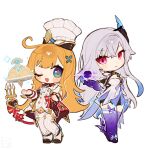  2girls :d ;d black_choker black_hole black_shoes black_unitard blonde_hair blue_eyes blue_streaks blush blush_stickers bow buttons chef_hat chibi choker closed_mouth colored_extremities commentary_request crossed_bangs detached_collar detached_sleeves diamond-shaped_pupils diamond_(shape) dress escoffier_(genshin_impact) expressionless eyelashes fan_request floating floating_object fork_hair_ornament frilled_wrist_cuffs frills genshin_impact gold_trim hair_between_eyes hair_ornament hand_on_own_hip hand_up hat high_heels highres long_hair looking_at_viewer mechanical_tail multicolored_hair multiple_girls one_eye_closed oooma_155 open_mouth purple_hands red_bow red_eyes shoes short_sleeves simple_background skirk_(genshin_impact) smile standing strapless strapless_dress streaked_hair symbol-shaped_pupils tail thighhighs unitard very_long_hair white_background white_dress white_hair white_hat white_sleeves white_thighhighs wrist_cuffs 