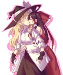  ! 2girls absurdres black_gloves black_skirt blonde_hair bow braid brown_hair collared_shirt commentary detached_sleeves english_commentary fingerless_gloves frilled_bow frilled_hair_tubes frills gloves hair_bow hair_tubes hakurei_reimu hat hat_bow heart highres hug hug_from_behind imminent_kiss kirisame_marisa kiss long_hair multiple_girls neat_ad4816 red_bow red_skirt ribbon-trimmed_sleeves ribbon_trim shirt side_braid simple_background single_braid skirt skirt_set surprise_kiss surprised touhou white_background white_shirt witch_hat yellow_eyes yuri 
