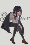  1girl absurdres akemi_homura arm_rest black_hair black_hairband black_pantyhose black_skirt bow bowtie brown_shoes chen346810 elbow_rest expressionless full_body grey_background hairband head_on_hand highres invisible_chair jacket loafers long_hair mahou_shoujo_madoka_magica mahou_shoujo_madoka_magica_(anime) mitakihara_school_uniform pantyhose plaid_clothes plaid_skirt purple_eyes red_bow red_bowtie school_uniform shoes sitting skirt solo white_jacket 
