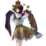  1girl bird_wings black_hair black_skirt cheng_zi_official chinese_commentary closed_mouth commentary_request cowboy_shot dot_mouth feathered_wings frilled_skirt frills hands_up hat highres holding holding_notebook holding_pen long_sleeves looking_at_viewer medium_hair medium_skirt midriff_peek notebook pen pom_pom_hat_ornament red_eyes red_hat shameimaru_aya shirt sideways_glance simple_background skirt solo tokin_hat touhou white_background white_shirt wings 