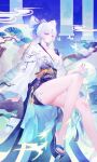  1girl absurdres blue_bow bow breasts chinese_commentary commentary_request earrings fingernails hair_bow highres japanese_clothes jewelry jianshu kimono large_breasts long_fingernails long_hair nail_polish okobo onmyoji orange_eyes parted_lips platform_sandals purple_nails red_eyes sandals shiranui_(onmyoji) single_off_shoulder sitting solo toenail_polish toenails toes white_hair white_kimono 