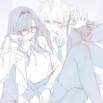  1boy 1girl alternate_costume aqua_necktie arknights arm_support bespectacled blush breasts cardigan chinese_commentary commentary_request doctor_(anime)_(arknights) doctor_(arknights) feet_out_of_frame glasses greyscale hair_between_eyes hair_over_shoulder hairband hand_on_own_cheek hand_on_own_face hetero highres interlocked_fingers jacket knees_up long_hair looking_at_viewer low_ponytail male_doctor_(arknights) medium_breasts monochrome neck_ribbon necktie open_cardigan open_clothes open_jacket pantyhose ponytail priestess_(arknights) purple_ribbon ribbon shirt sitting_between_legs skirt sleeves_past_wrists spot_color spread_fingers sweater sweater_tucked_in turtleneck turtleneck_sweater yomi_tamashi 
