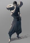  1boy arm_up belt black_belt black_hair black_shirt commentary_request full_body fushiguro_toji grey_background hair_between_eyes hand_in_pocket hand_on_own_chin highres impossible_clothes impossible_shirt inventory_curse_(jujutsu_kaisen) jujutsu_kaisen looking_at_viewer male_focus muscular muscular_male pants sandals scar scar_on_face scar_on_mouth shirt short_hair simple_background standing w55674570w white_pants 