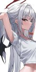  1girl absurdres akamin435 arms_behind_head backlighting blue_archive blush bow braid closed_mouth commentary demon_girl demon_wings eyelashes from_side grey_hair hair_between_eyes hair_bow hair_intakes halo haruna_(blue_archive) highres long_hair looking_at_viewer midriff profile red_bow red_eyes red_halo shirt short_sleeves sidelocks sideways_glance simple_background single_braid solo tsurime tying_hair untranslatable_commentary upper_body very_long_hair white_background white_shirt wings 