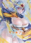  1girl absurdres blue_cape blue_hair breasts cape cleavage commentary_request dragon_quest dress elbow_gloves gloves headpiece highres holding holding_staff huge_breasts looking_at_viewer mage_staff marker_(medium) panties pantyshot parted_lips red_eyes rozarin sage_(dq3) solo staff strapless strapless_dress traditional_media underwear white_dress white_panties 