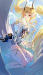  1girl absurdres black_horns blonde_hair blue_gem blue_sky breasts cloud commentary day dress duet_night_abyss elbow_gloves english_commentary feathered_wings finger_claws floating_hair flora_(duet_night_abyss) flying forehead_jewel gem gloves hair_intakes hand_up head_wings highres honeycomb_(pattern) horns legs long_hair looking_at_viewer medium_breasts multiple_wings orange_eyes parted_bangs parted_lips sky smile solo thighs thorns twintails very_long_hair white_dress white_gloves white_wings wings yonesdraws 