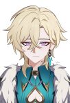  1boy absurdres aqua_shirt artist_name aventurine_(honkai:_star_rail) belt belt_collar black_belt cleavage_cutout closed_mouth clothing_cutout collar commentary earrings fur_trim hair_between_eyes heart_cutout highres honkai:_star_rail honkai_(series) jewelry looking_at_viewer male_focus neck_tattoo parted_bangs purple_eyes shirt short_hair simple_background single_earring smile solo sun_lythrum tattoo untranslatable_commentary upper_body white_background 