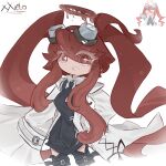  1girl colored_eyelashes cookie_run cookie_run:_kingdom goggles goggles_on_head halo highres lab_coat necktie noble_magic open_mouth povidone-iodine_cookie red_eyes red_hair red_halo solo twintails watermark white_background white_eyelashes 