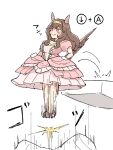  1girl animal_ears attack attack_trail blush brown_hair brown_tail command_input commentary_request dress ear_covers frilled_dress frills gentildonna_(la_dama_perfetta)_(umamusume) gentildonna_(umamusume) gloves gold_tiara gold_trim high_heels highres holding_own_dress horse_ears jewelry jumping long_hair looking_ahead midair motion_lines necklace nekomimi_sukinosuke official_alternate_costume pearl_necklace pink_dress pink_shoes platform puffy_short_sleeves puffy_sleeves red_eyes sandbag shoes short_sleeves simple_background smile smug sound_effects stomping super_smash_bros. umamusume v-shaped_eyebrows white_background white_gloves 