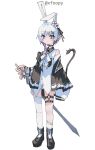  1girl animal_ears artist_name asymmetrical_legwear bare_shoulders black_choker black_shoes choker clothing_cutout detached_collar flower foopy frilled_socks frills full_body gradient_hair hair_flower hair_ornament hair_ribbon highres holding holding_sword holding_weapon kemonomimi_mode looking_at_viewer mahou_shoujo_no_majo_saiban multicolored_hair neck_ribbon no_pants o-ring o-ring_thigh_strap panties pink_eyes pink_hair rabbit_ears ribbon sakuraba_ema shirt shoes short_hair shoulder_cutout signature simple_background snake socks solo sword thigh_strap thighhighs underwear watermark weapon white_background white_hair white_panties white_shirt white_socks white_thighhighs x_hair_ornament 