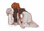  2girls absurdres all_fours argyle_clothes argyle_hairband bare_legs barefoot black_hairband black_shirt blush bottomless chinese_commentary collared_shirt commentary dress_shirt eye_contact face-to-face freckles girl_on_top grey_eyes hairband half-closed_eyes high-waist_skirt highres holding_hands looking_at_another lying multicolored_hairband multiple_girls on_back open_clothes open_shirt orange_hair pantyhose parted_bangs qian. reverse:1999 shirt skirt sonetto_(reverse:1999) two-tone_hairband two_side_up vertin_(reverse:1999) white_hair white_hairband white_pantyhose white_shirt white_skirt yuri 