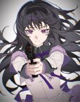  1girl absurdres aiming aiming_at_viewer akemi_homura akemi_homura_(magical_girl) beretta_92 black_hair black_hairband donggan_maotiao glitch grey_background gun hairband handgun highres holding holding_gun holding_weapon jacket long_hair looking_at_viewer magical_girl mahou_shoujo_madoka_magica mahou_shoujo_madoka_magica_(anime) neck_ribbon purple_eyes ribbon simple_background solo upper_body weapon white_jacket 