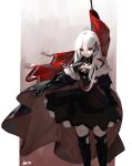  1girl absurdres artist_name bangs black_dress black_footwear black_ribbon boots closed_mouth cross dress feet_out_of_frame gauntlets girls&#039;_frontline hair_ribbon highres iron_cross kar98k_(girls&#039;_frontline) long_hair long_sleeves looking_at_viewer mod3_(girls&#039;_frontline) nero_(nero_nyam) red_eyes ribbon serious shaded_face simple_background solo standing thigh_boots white_hair 