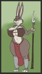  absurd_res anthro big_breasts bottomwear breasts buckteeth clothing collar curvy_figure freckles genitals hi_res holding_object holding_weapon huge_breasts lagomorph leporid loincloth long_ears mammal melee_weapon navel nipple_outline polearm pussy rabbit spear teeth thick_thighs tribal weapon wide_hips yerbabuena 