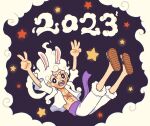  1boy 2023 :d animal_ears bright_pupils chinese_zodiac chunafishy commentary english_commentary finger_counting gear_fifth male_focus monkey_d._luffy one_piece open_clothes open_mouth open_shirt rabbit_ears sandals scar scar_on_cheek scar_on_chest scar_on_face shorts smile solo star_(symbol) v w white_pupils white_shorts year_of_the_rabbit 