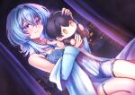  1girl absurdres alternate_costume babydoll bare_shoulders blue_babydoll blue_garter_belt blue_hair blue_jacket blue_panties breasts character_doll closed_mouth commentary doll dutch_angle english_commentary flareza highres holding holding_doll indoors jacket large_breasts long_hair looking_at_viewer male_rover_(wuthering_waves) navel night off_shoulder panties purple_eyes rover_(wuthering_waves) shorekeeper_(wuthering_waves) sitting smile solo underwear wuthering_waves 