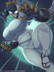  1girl absurdres attacking_viewer blunt_bangs blurry blurry_foreground bob_cut bodysuit breasts clenched_hand commentary cyborg eye_mask glowing glowing_eyes highres huge_breasts impossible_clothes little_j mask mechanical_arms ninja no_pupils reaching reaching_towards_viewer sandals sash short_hair shortstack solo tabi the_ninja_warriors tiara white_bodysuit white_sash yaksha_(the_ninja_warriors) 