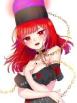  1girl black_choker black_headwear black_shirt breasts chain choker cleavage clothes_writing hecatia_lapislazuli large_breasts looking_at_viewer medium_hair off-shoulder_shirt off_shoulder open_mouth polos_crown red_eyes red_hair red_nails shirt simple_background smile solo touhou upper_body utagi_0216 white_background 