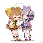  2girls :d :o ^_^ alternate_hairstyle aqua_shorts arm_up backpack_basket bag bandaged_arm bandaged_leg bandages bead_necklace beads bell black_nails black_shoes black_thighhighs bloomers blunt_bangs blush boots borrowed_hairstyle bow bow-shaped_hair braid brown_dress brown_hair cape china_dress chinese_clothes closed_eyes coin_hair_ornament commentary_request double-parted_bangs dress fingernails fur-trimmed_boots fur_trim genshin_impact gold_trim gradient_sleeves green_jacket hair_bell hair_ornament highres holding_hands jacket jewelry jiangshi jingle_bell long_sleeves looking_at_another medium_hair multiple_girls nail_polish necklace notice_lines ofuda ofuda_on_head oooma_155 open_mouth orb pom_pom_(clothes) puffy_long_sleeves puffy_sleeves purple_cape purple_dress purple_eyes purple_hair qiqi_(genshin_impact) red_bow shoes short_shorts shorts sidelocks simple_background smile standing tassel thighhighs white_background white_bloomers white_boots yaoyao_(genshin_impact) yin_yang yin_yang_orb 