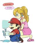  1boy 1girl arm_hair bbik_gam3 blonde_hair blue_eyes blue_overalls blush brooch brown_hair brown_shoes commentary_request dripping earrings faucet hat industrial_pipe jewelry kneeling korean_commentary mario mario_(series) newsboy_cap overalls pink_shirt pink_skirt pink_slippers ponytail princess_peach puddle red_hat red_shirt screwdriver shirt shoes skirt slippers sphere_earrings wet_floor wrench 