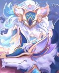  1girl armor artist_name closed_mouth commentary gabyguu glowing glowing_eyes highres kindred_(league_of_legends) lamb_(league_of_legends) league_of_legends long_hair mask prestige_porcelain_kindred shoulder_armor sitting smile white_hair wolf wolf_(league_of_legends) 