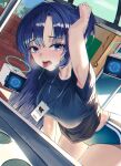  1girl absurdres armpits black_shirt blue_archive blue_buruma blue_eyes blue_hair breasts buruma commentary gym_uniform halo highres id_card indoors kirei0518 lanyard long_hair looking_at_viewer mechanical_halo medium_breasts millennium_science_school_logo official_alternate_costume ponytail shirt short_sleeves solo tongue tongue_out yuuka_(blue_archive) yuuka_(track)_(blue_archive) 