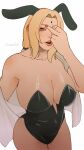 1girl absurdres animal_ears artist_name black_leotard blonde_hair breasts drawink facial_mark fake_animal_ears forehead_mark highres large_breasts leotard looking_at_viewer mature_female middle_finger nail_polish naruto_(series) orange_eyes playboy_bunny ponytail rabbit_ears red_nails solo strapless strapless_leotard tsunade_(naruto) white_background 