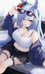  1girl adjusting_eyewear animal_ears bare_shoulders black_choker black_nails black_skirt blue_hair blue_jacket blush braid breasts car choker cleavage closed_mouth collarbone commentary_request crown_braid ear_ornament eyewear_on_head heart heart_o-ring highres horse_ears horse_girl horse_tail jacket large_breasts long_hair looking_at_viewer mejiro_ardan_(umamusume) motor_vehicle noa0319 o-ring open_clothes open_jacket purple_eyes skirt smile solo sunglasses tail tank_top tongue tongue_out umamusume white_tank_top 