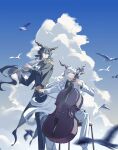  2boys animal_ears arknights bird black_coat black_hair black_pants black_shirt black_suit blue_sky blurry blurry_foreground bow_(music) cello cloud coat collared_shirt commentary ebenholz_(arknights) epaulettes feet_out_of_frame flute fuyao_(kafeiwww) goat_boy goat_ears goat_horns highres holding holding_bow_(music) holding_flute holding_instrument horns instrument jacket kreide_(arknights) long_hair looking_to_the_side male_focus multiple_boys pants purple_eyes shirt sitting sky suit tailcoat white_hair white_jacket white_pants white_suit 